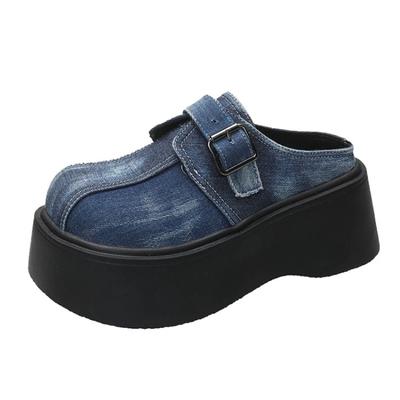 Fashion 7.5cm Denim Platform Wedge Ladies Slippers Lace Up Chunky Sneaker Casual Comfy High Brand Breathable Spring Summer Bao Toe Shoes