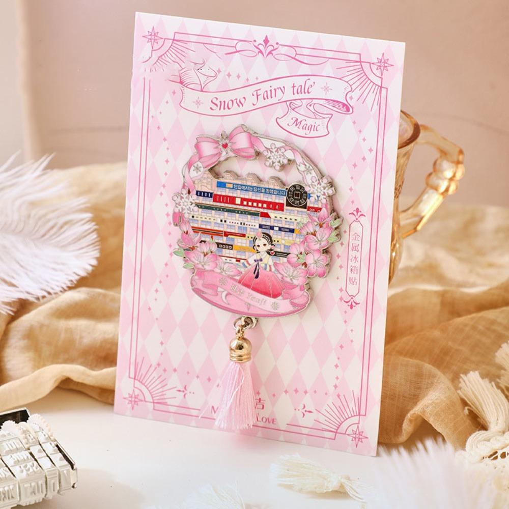 Creative Metal Fridge Magnet with Tassel Hollow Landscape Magnetic Stickers Bookmark for Fridge