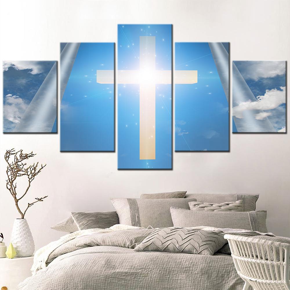 5 Pieces Canvas Wall Arts  Poster Painting Jesus Christian Cross Sky Wallpaper Living Room Picture Print Bedroom Mural
