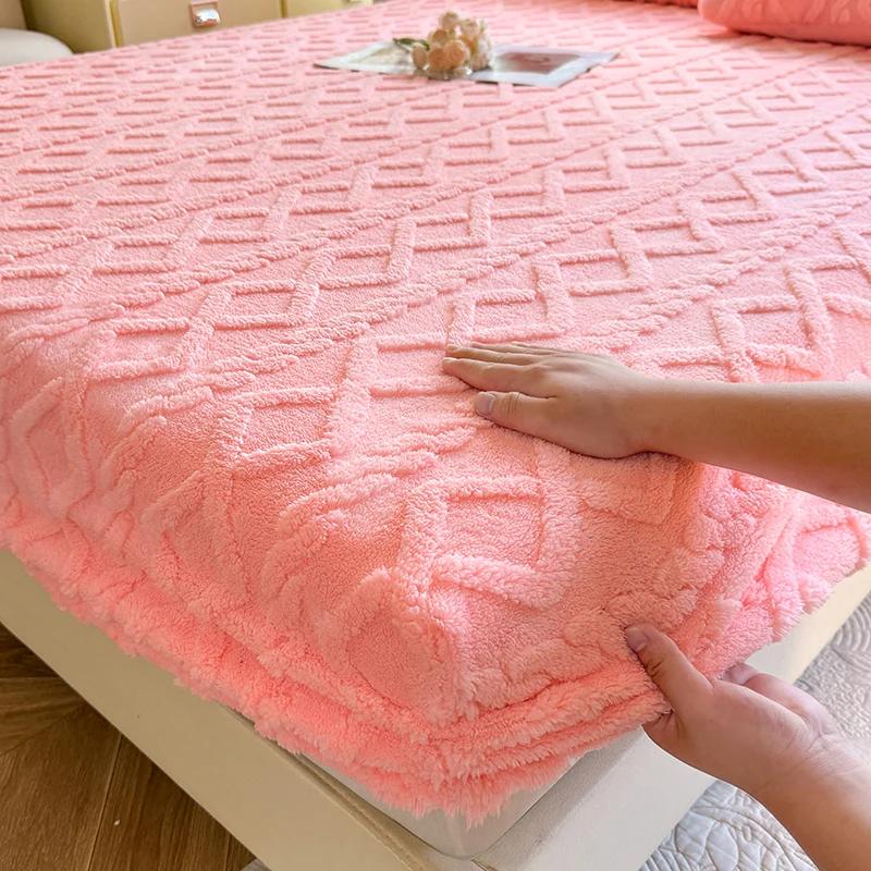 1 pc Fitted Bed Sheet for Winter Thick Warm sabanas Queen Size Solid Color Flannel Fleece Fluffy Bed Cover King Size Bed Sheets