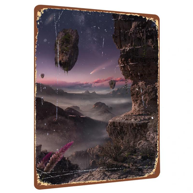 Dream Floating Stone Starry Mountain Landscape Metal Wall Art Modern Living Room Decor 20X30CM