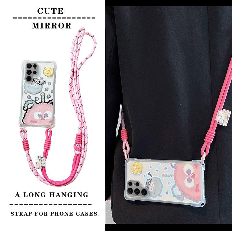 KEYSION Crossbody Strap Phone Case for Samsung S23 S24 S25 Ultra Cute Cartoon Long Lanyard Mirror Shockproof Cover for Galaxy S25 S24 S23 Ultra