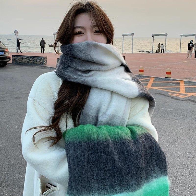 New winter gradual change scarf women's hemp thick braid dog tail contrasting color thickened warm Korean fashion high