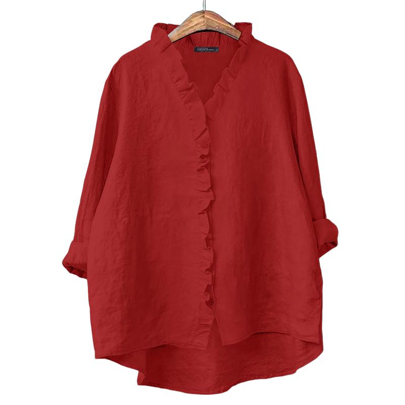 

ZANZEA Women Casual V-Neck Solid Color Loose Long Sleeve Cotton Blouse M красный