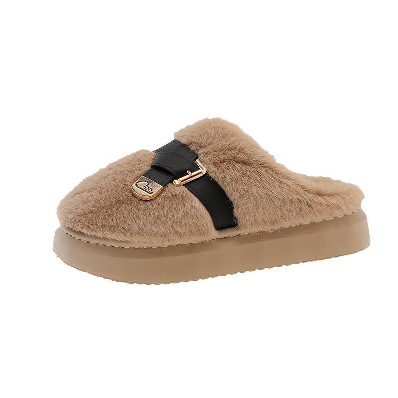 Thick-bottomed fluffy slippers for women to wear new autumn and winter bag head drag fashion plush home cotton slippers