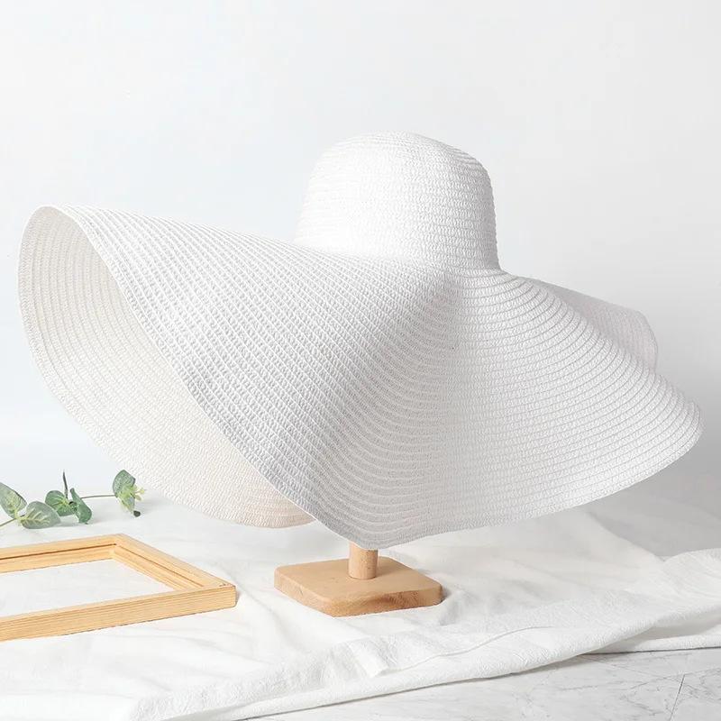 Oversize 25Cm Wide Brim Straw Hat Women'S Beach Cap Foldable Sunshade Protection Hat Ladies Sun Hats For Summer Girls