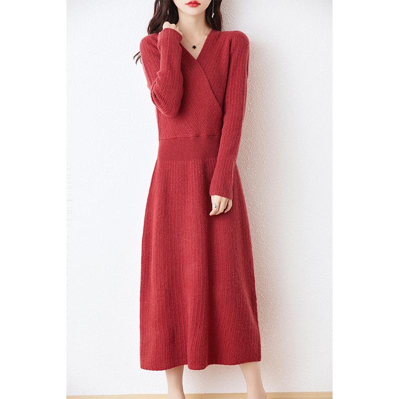 Women's 100% Pure Wool Mid-Length V-Neck Sweater Dress - Long Sleeve, Below Knee, Autumn/Winter Style