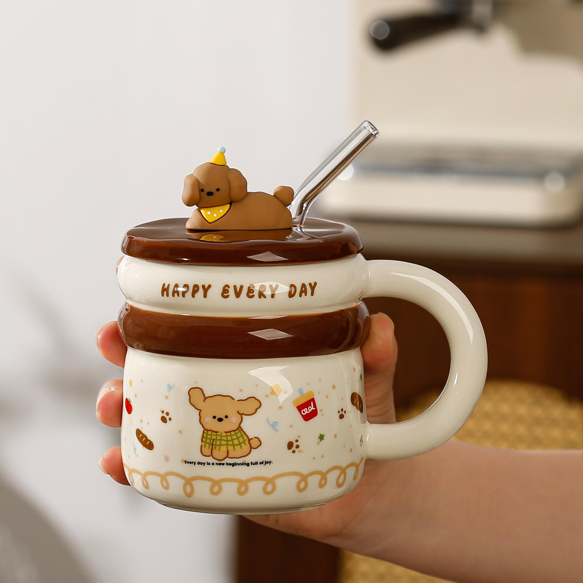 

Puppy Cup Straw Cup Ceramic Mug Cute Water Cup Household Children s Milk Cup High Value Souvenir Gift 401-500ml