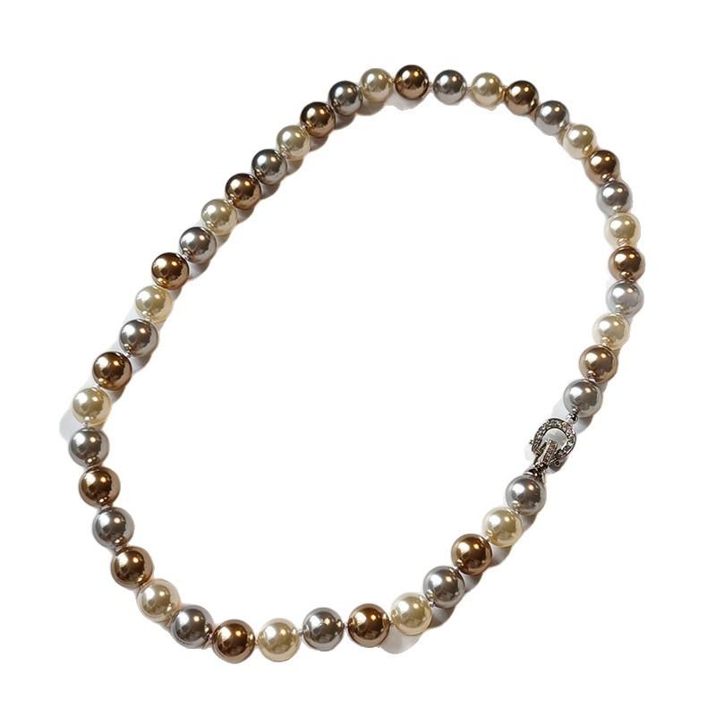 Shijia Pearl Maillard Style French Retro Light Luxury Mixed Color Pearl Necklace Full Of Diamonds Horseshoe Buckle Collarbone Chain Women