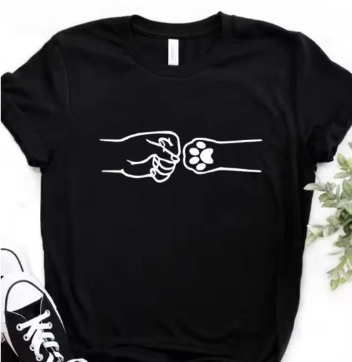2026 Spring Summer Dog Cat Hand Fist Bump Print  T Shirt Short Sleeve O Neck Tshirt Ladies Fashion Tee Shirt S