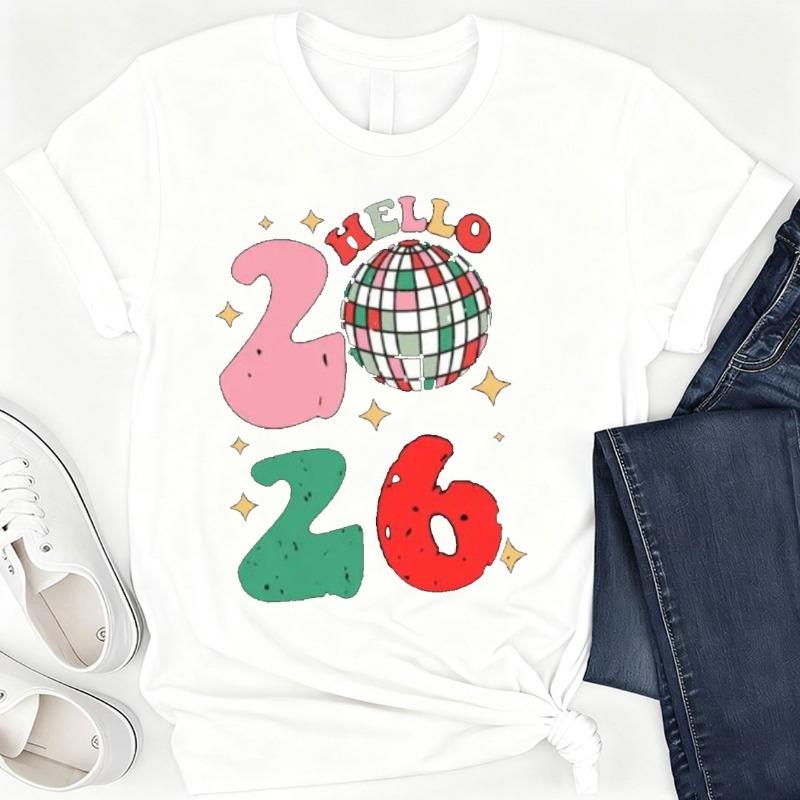 Happy New Year 2026 Tshirt Retro New Year Party Crew Neck Funny Fashion High Quality Cotton Shortsleev S