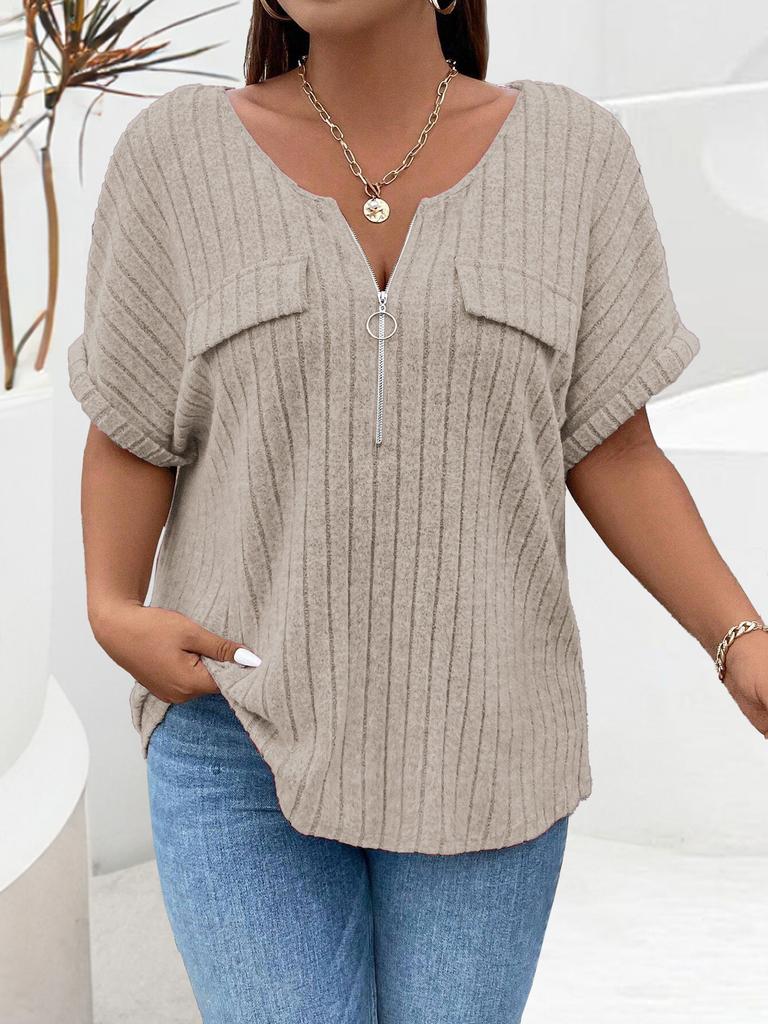 New solid color plus size women's blouse zipper short-sleeved fake pocket pullover T-shirt loose