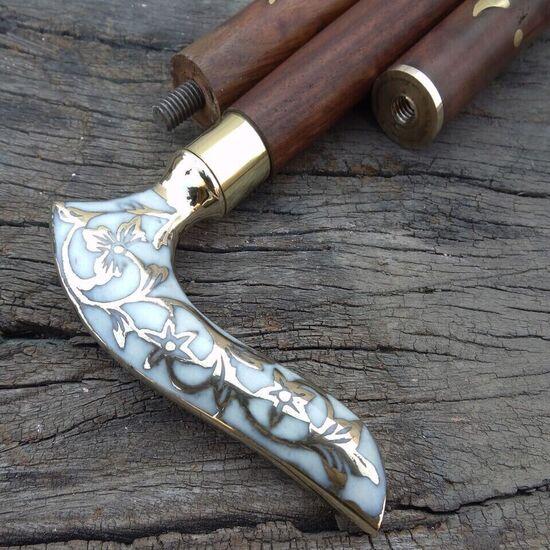 Wiktoriański design okrągły mosiężny uchwyt drewniana laska spacerowa zabytkowy męski prezent