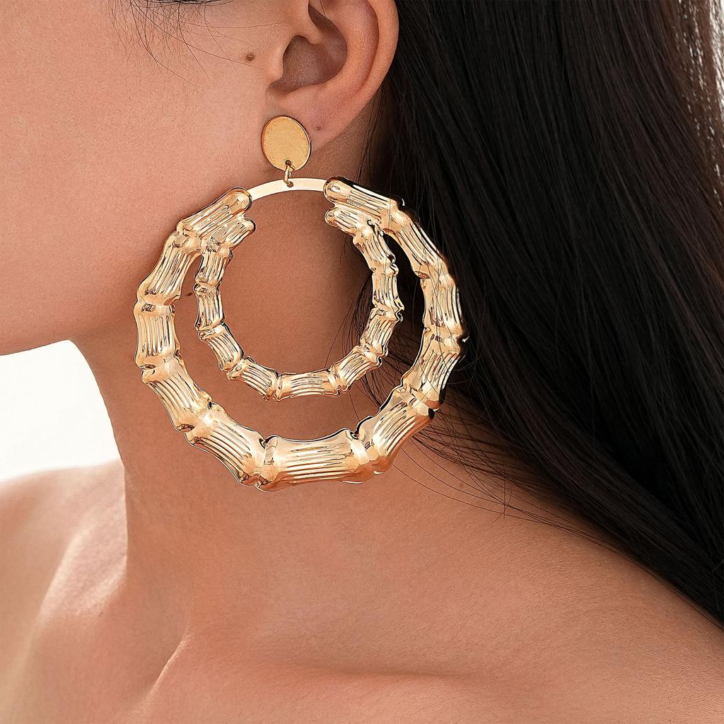 Earrings, Personalized Exaggerated Earrings, Letter Bamboo Earrings, Gold Round Earrings.
