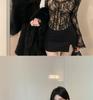 Women's Black Lace Square Neck Long Sleeve Top, Autumn Base Layer, Yù Jiě Style - Sophisticated, Elegant, Tight, Short.