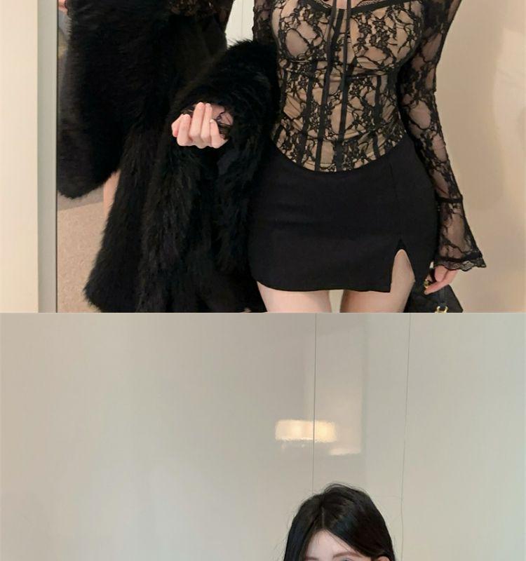 Women's Black Lace Square Neck Long Sleeve Top, Autumn Base Layer, Yù Jiě Style - Sophisticated, Elegant, Tight, Short.