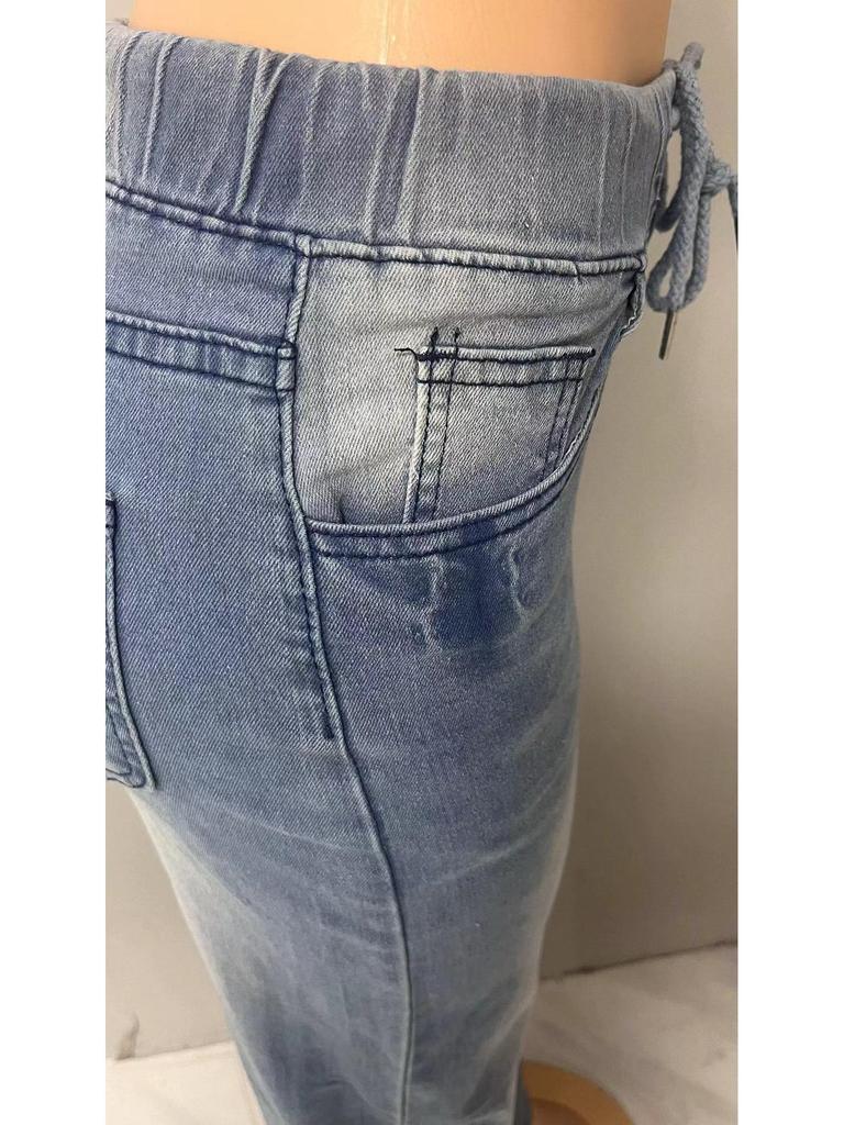 High Waist Light Blue Women's Wide Leg Drawstring Denim Jeans