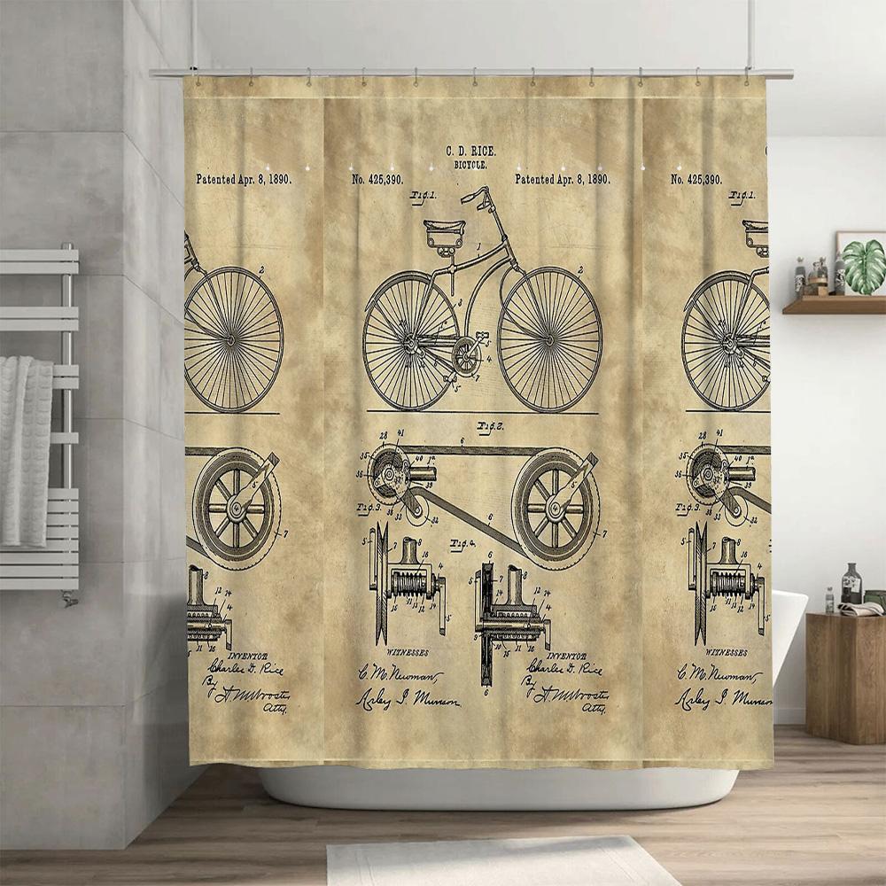 Plano de Bicicleta Vintage Decoración de Baño Arte Rústico de Ciclismo Cortina de Ducha Diagrama de Bicicleta Antigua Cortinas de Lavabo