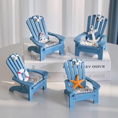 Mediterranean Blue Mini Wood Beach Chair Figurines for Garden Dollhouse Desktop Beach Decor Desk Decoration Room Decor