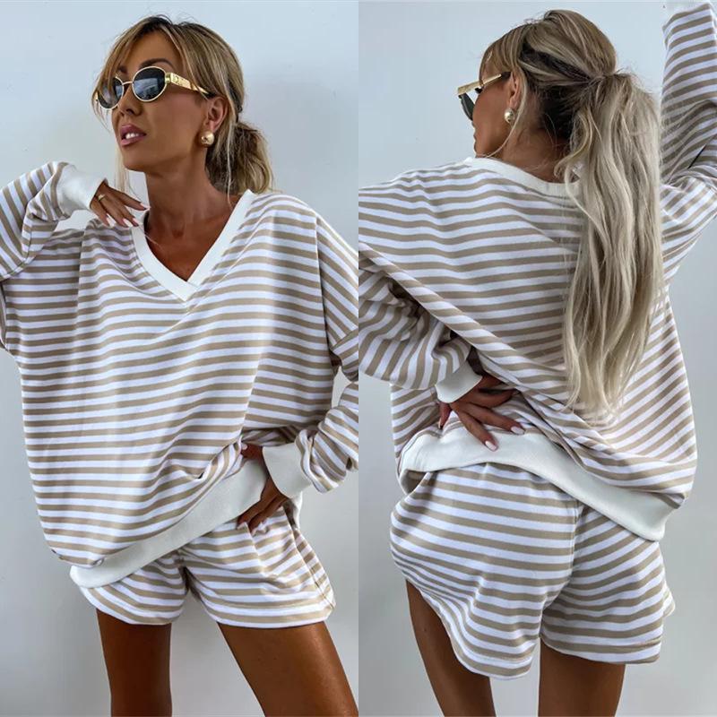 New Summer Women's Casual Striped Lounge Set Long Sleeve V-Neck Loose Top with Sports Shorts 2-Piece