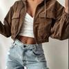 Women's Solid Color Core Fleece Hooded Drawstring Zipper Bubble Long Sleeve Short Jacket