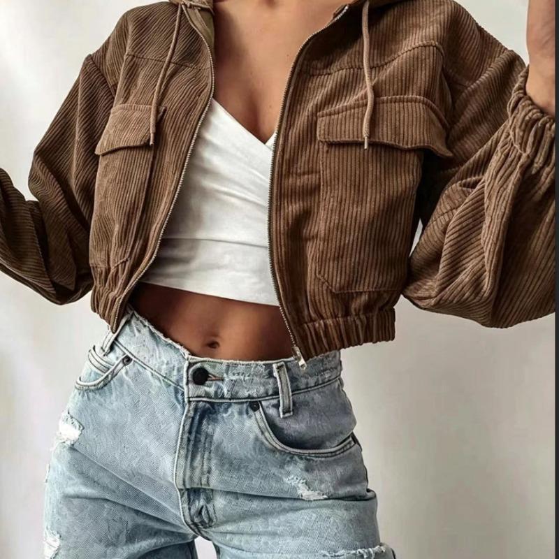 Women's Solid Color Core Fleece Hooded Drawstring Zipper Bubble Long Sleeve Short Jacket
