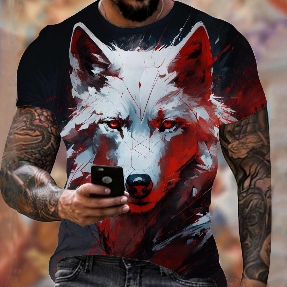 Summer Men's Lightweight Fitness Sports T-Shirt Cool Fire Wolf Graphic 3D Print Short Sleeve Casual Loose Streetwear Men's Tops
