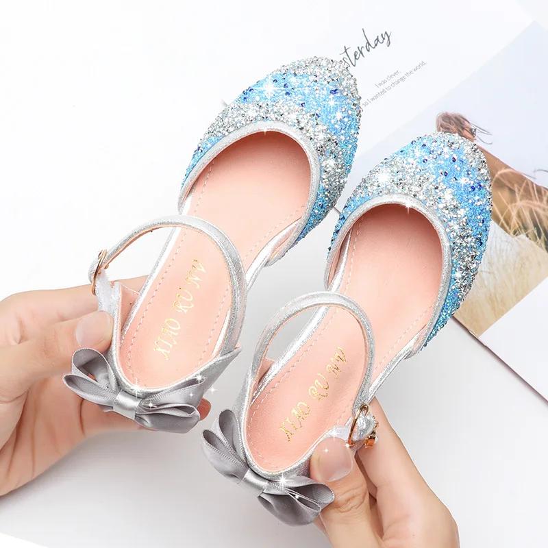 Children's Leather Shoes Fashion Sequins Kids Princess Single Shoes Glitter Bowknot Girls Party Wedding Sandals Dress Mary Janes