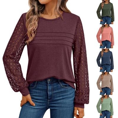 Women Round Neck Lace Long Sleeve Top 5 Colors Stitching Pleated Front Casual Knit Blouse