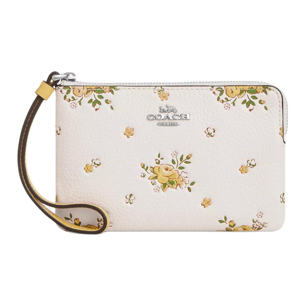 Coach Corner Zip 16 Floral Pattern Pebble Leather Clutch Small Women Clutch Silver Chalk CAQ58-SVCAH Basic Set (Bag+Dust Bag)