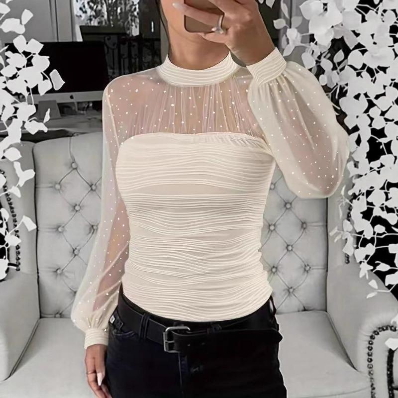 Women Spring Autumn New Pearl Mesh Patchwork Long Sleeve Blouse Top