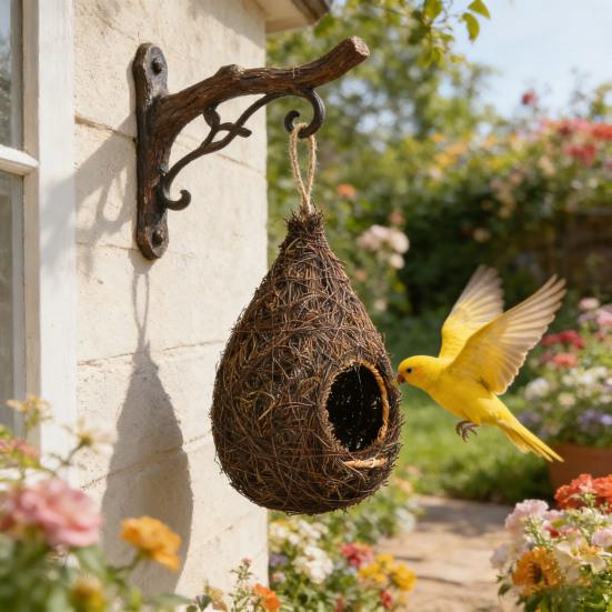 Hanging Bird House Natural Grass Hanging Bird Hut Hand Woven Drop Shape Birdhouse for Small Birds Budgies Garden Patio Terrace Indoor Outdoor