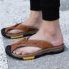 Men Flip Flops High Quality Genuine Cow Leather Slippers Mens Massage Slippers Outdoor Casual Beach Slippers Pinch-Toe Sandalias