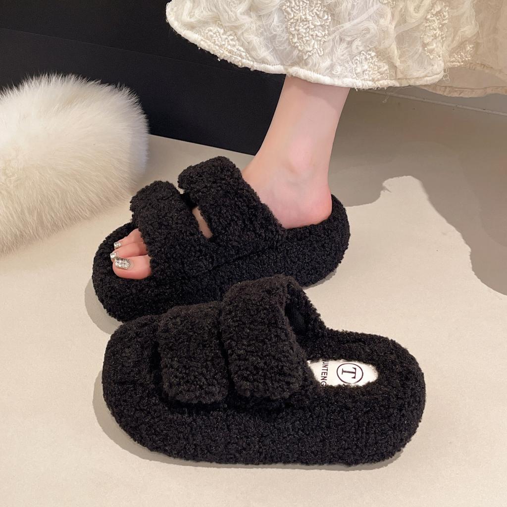 Fairy wind small fluffy slippers 2025 new autumn and winter French simple velvet heightened thick bottom one-word