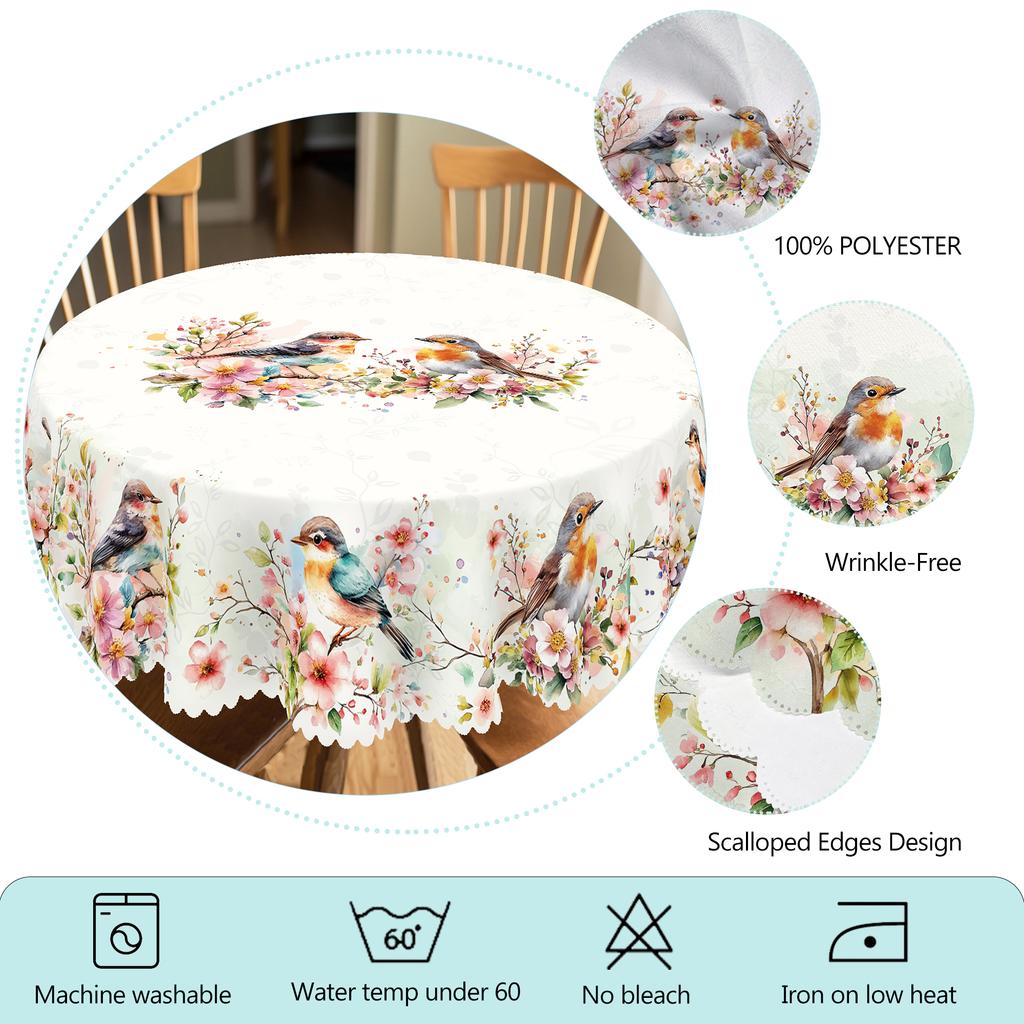 1 Piece Of Spring Flower And Bird Round And Rectangular Tablecloths, Various Sizes Available, Spring Flower And Bird Pattern Printed Decorative Tablec