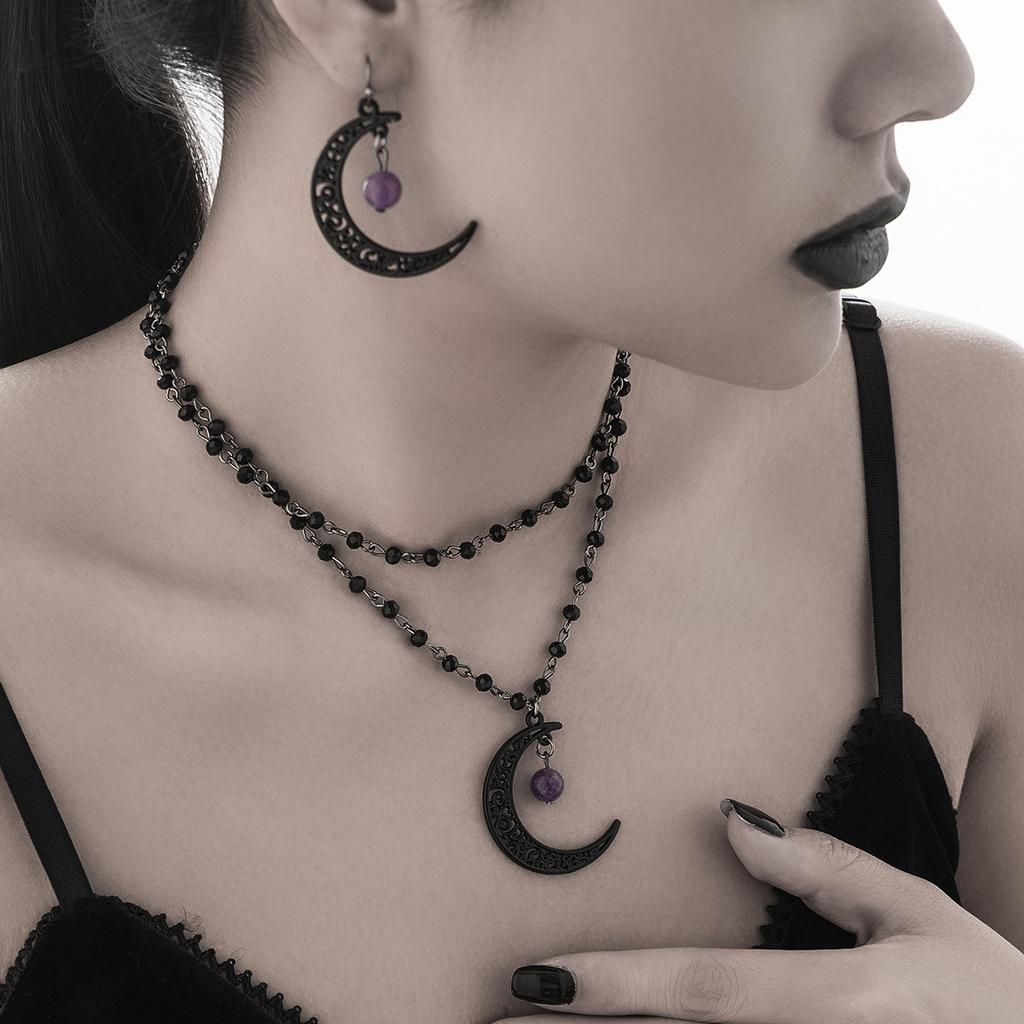 Crystal beads chain necklace sweet cool gothic hollow moon pendant necklace