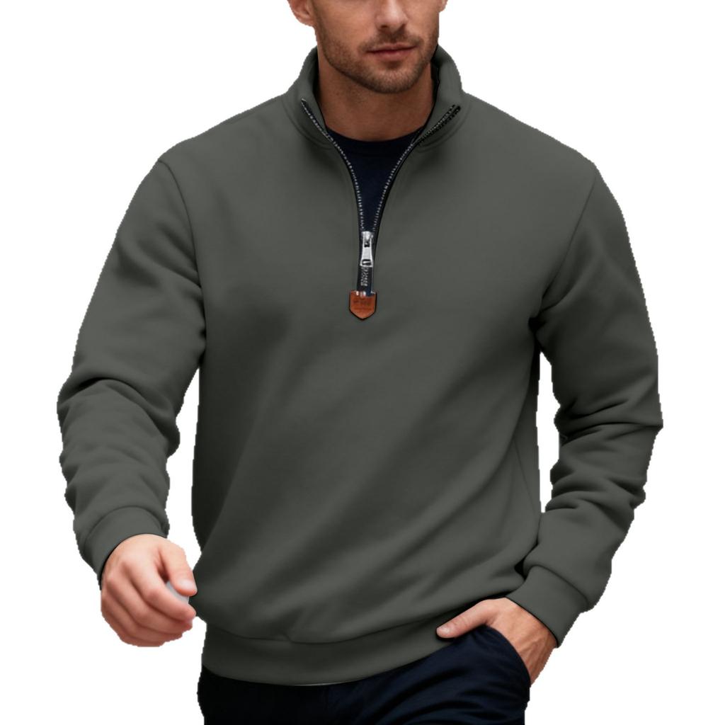 Men's Autumn/Winter Heavyweight Fleece Sweatshirt with Embroidered Logo Design, Half-Zip Stand Collar