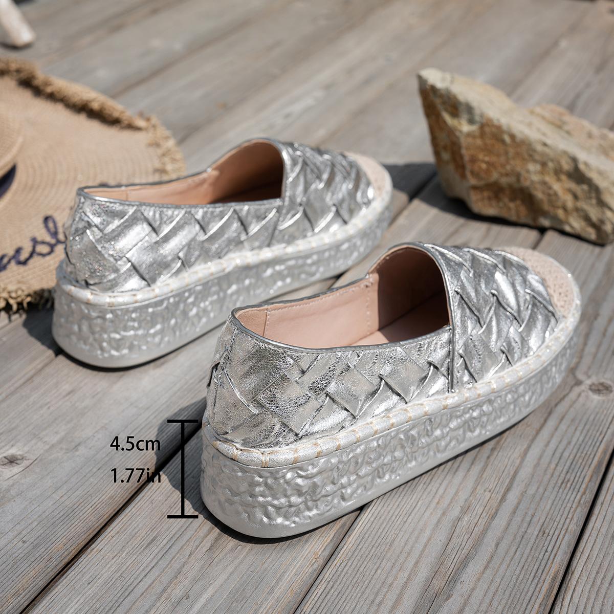 

Aphixta Новые женские повседневные туфли на плоской платформе, 4,5 см, массивный каблук, серебристые, золотистые лоферы, плетеный дизайн, осенние женские балетки, размеры 35-43 35 серебряный