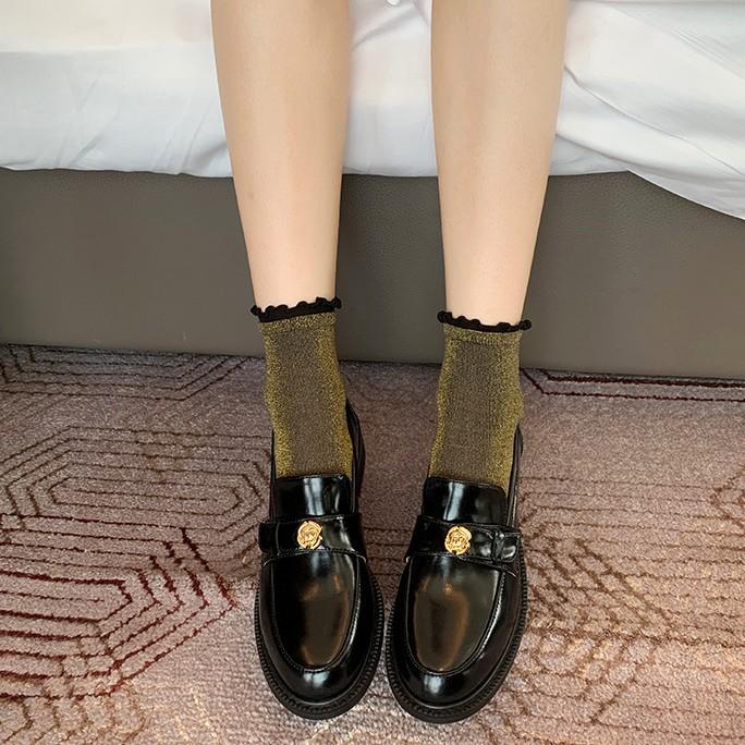 Whole Cowhide~ Thick-soled Camellia Jk Small Leather Shoes, Women's Small Gold Buckle, One Pedal, Lazy with Skirt, Genuine Leather Loafers