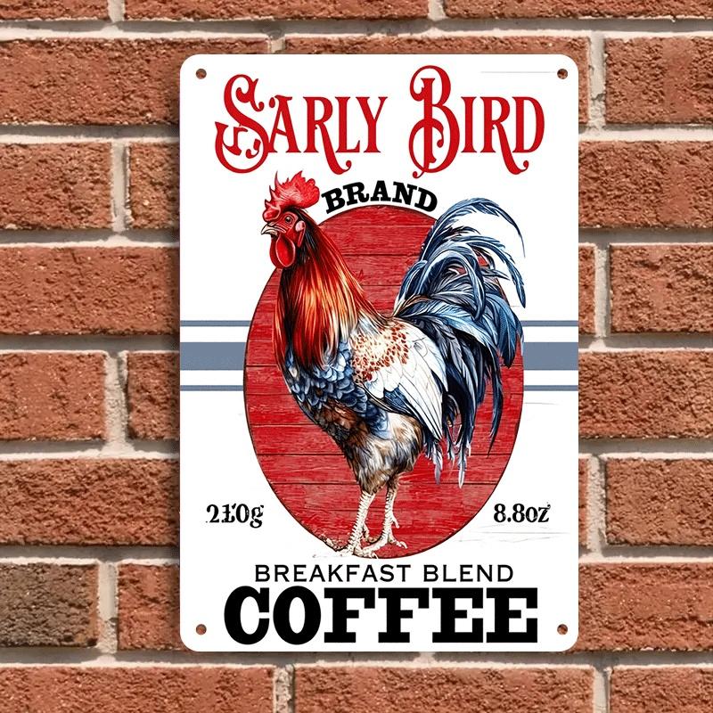 1 Piece American Country Style Rooster Coffee-themed Tin Plaque, 210g, Breakfast Mixed Coffee Decorative Painting, Retro Home Wa