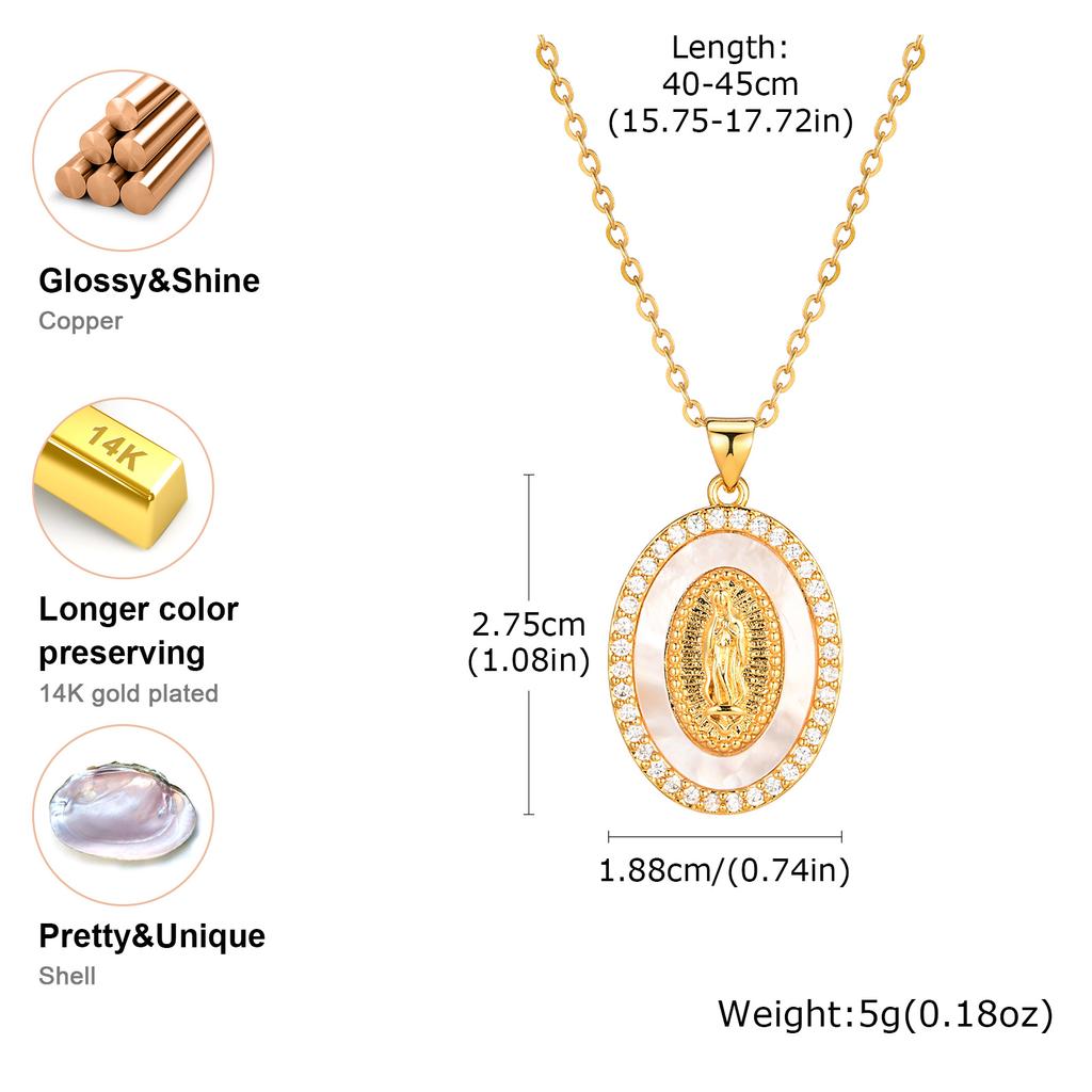 Classic Holy Virgin Mary Oval Shell Pendant Necklace for Women, Vintage Gold Plated Catholic Religious Pray Jewelry Gift