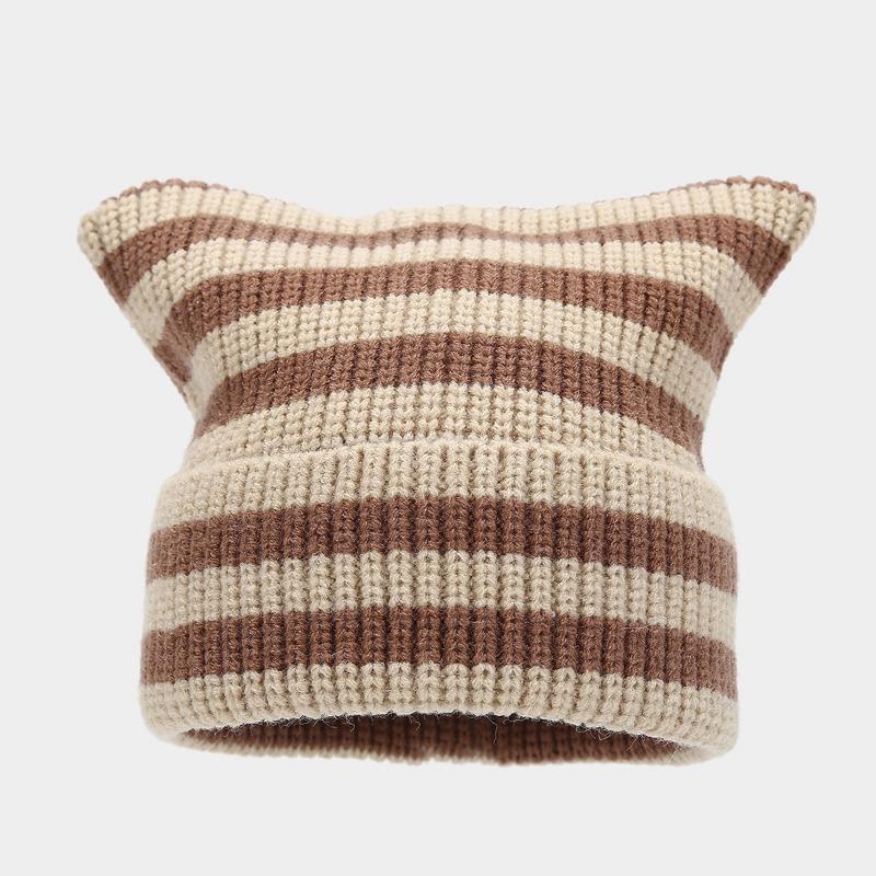 Black and White Striped Cat Ear Hat Thermal Pullover Hat Knitted Hat Fashionable Versatile Cold Hat