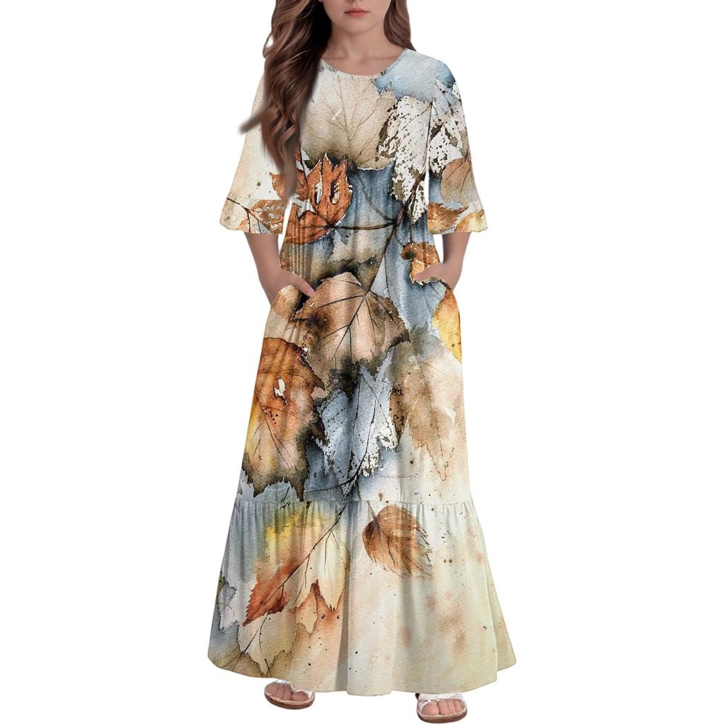 Girls' Tiered Ruffle Dress - 3/4 Sleeve Pocket Maxi With Pockets