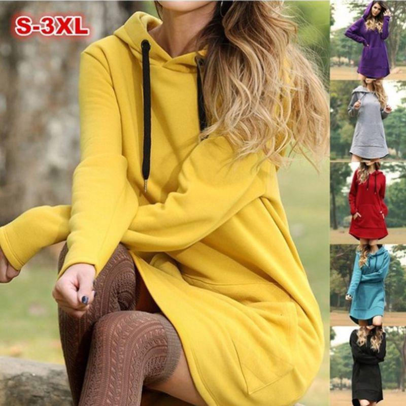 Cozy Womens Winter Long Sleeve Tunic Tops Pullover Hoodie Dress In Six Colors