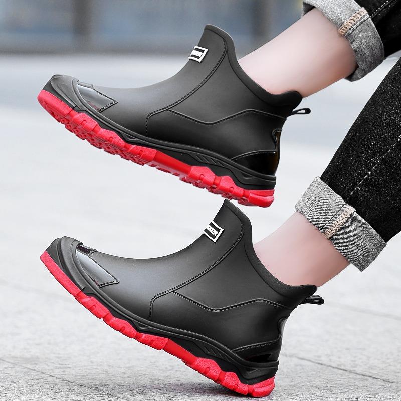 Trendy Men's Rubber Shoes Short Rain Shoes Fashion Classic Black Waterproof Shoes Urban Rain Boots Wading Boots Kitchen Non-slip Water Boots