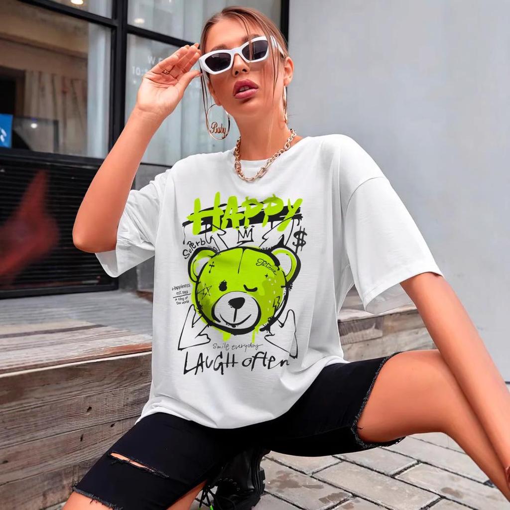 2025 Hong Kong Style Women's Cartoon Bear Graffiti Short-Sleeve Tee - Casual Hip-Hop Couples' Top