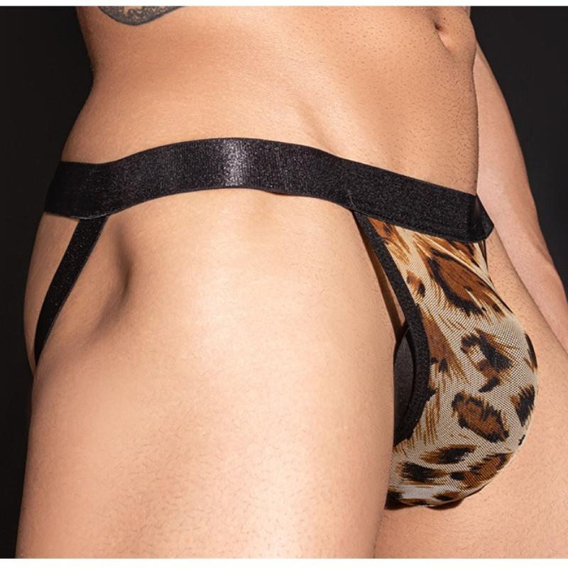 Men'S Sexy Jockstrap Thong Leopard Print Mesh Sheer Lingerie Ultra-Thin Breathable Temptation Underwear Gay Hollow Out Nightwear