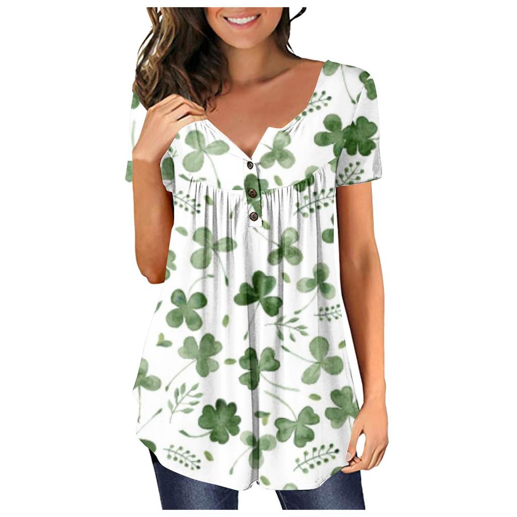 Damenmode St. Kurzärmliges, kurzärmliges Live-Button-Oberteil mit V-Ausschnitt und Patrick's Day-Print