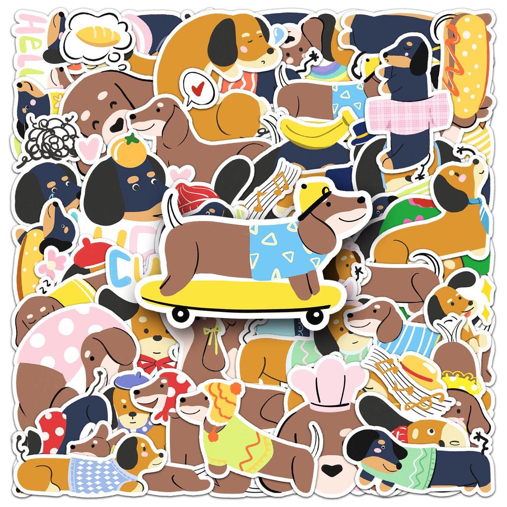 50 Cute Dachshund Dog Stickers - Cartoon Animal Waterproof Decorative Set