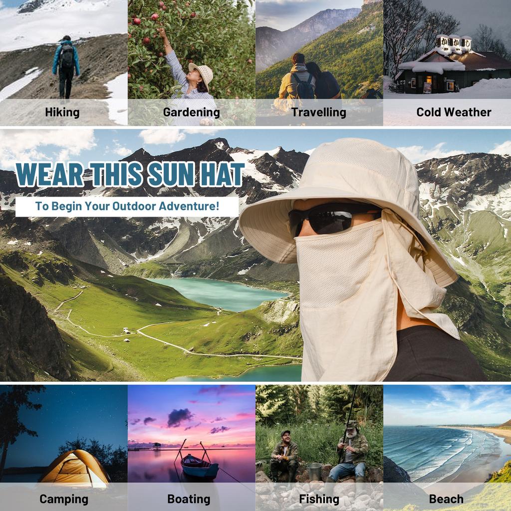 Sun Hat UV Protection Wide Brim Neck Flap Face Cover Multifunctional Cap for Hiking Fishing Beach